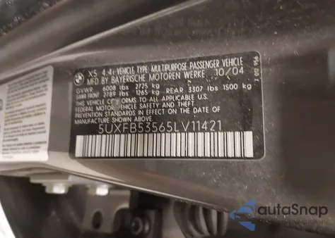 2005 BMW X5 4.4I z USA, uszkodzony, nr VIN 5UXFB53565LV11421